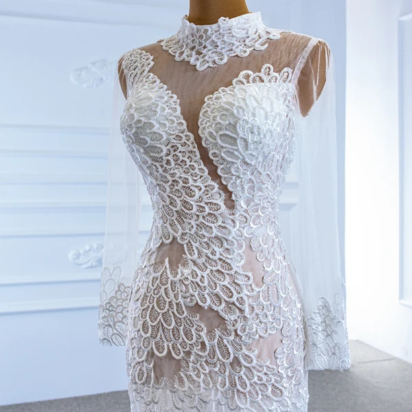 Luxe Blanche Transparentes La Mariée Robe De Mariée 2020 Trompette / Sirène Col Haut Manches Longues Appliques En Dentelle Fait main Perlage Train De Balayage