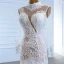 Luxe Blanche Transparentes La Mariée Robe De Mariée 2020 Trompette / Sirène Col Haut Manches Longues Appliques En Dentelle Fait main Perlage Train De Balayage