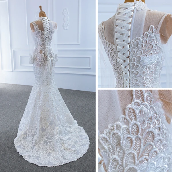 Luxe Blanche Transparentes La Mariée Robe De Mariée 2020 Trompette / Sirène Col Haut Manches Longues Appliques En Dentelle Fait main Perlage Train De Balayage