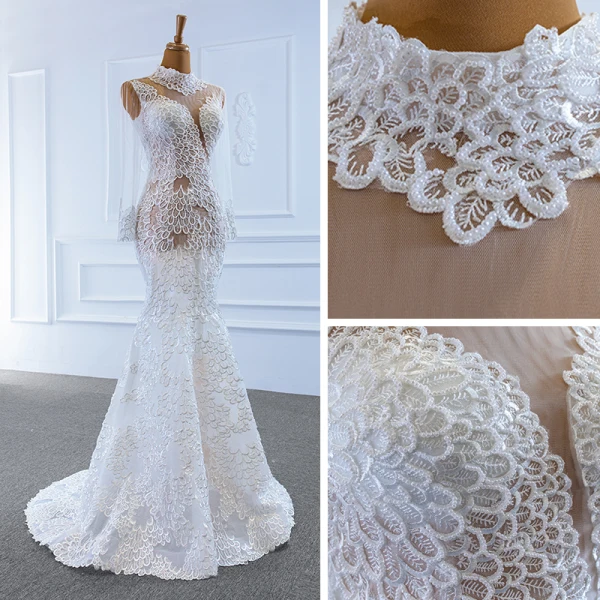 Luxe Blanche Transparentes La Mariée Robe De Mariée 2020 Trompette / Sirène Col Haut Manches Longues Appliques En Dentelle Fait main Perlage Train De Balayage