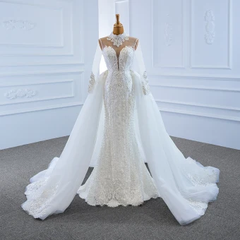 Luxe Blanche Transparentes La Mariée Robe De Mariée 2020 Trompette Sirène Col Haut Manches Longues Appliques En Dentelle Fait Main Perlage Détachable Chapel Train Volants