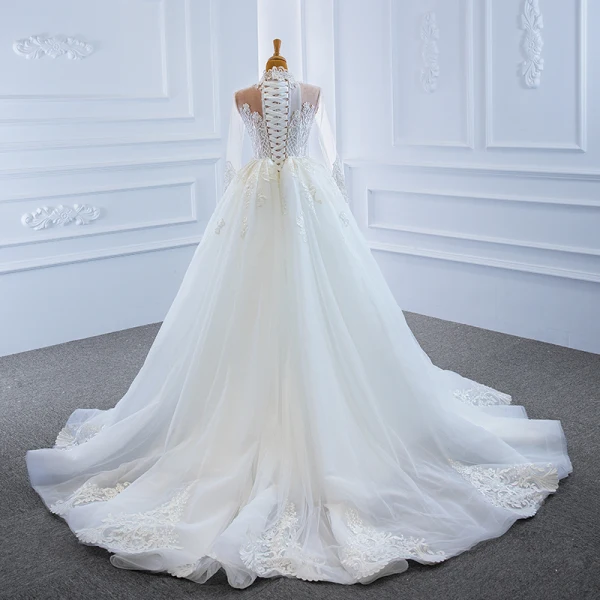 Luxe Blanche Transparentes La Mariée Robe De Mariée 2020 Trompette / Sirène Col Haut Manches Longues Appliques En Dentelle Fait main Perlage Détachable Chapel Train Volants
