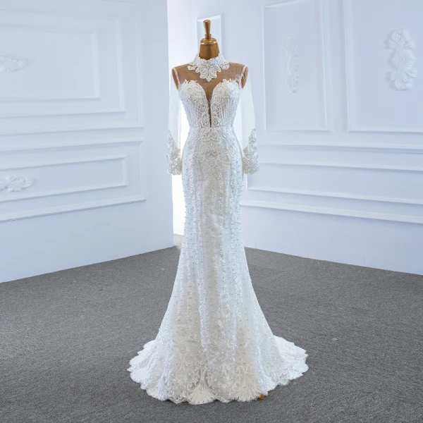 Luxe Blanche Transparentes La Mariée Robe De Mariée 2020 Trompette / Sirène Col Haut Manches Longues Appliques En Dentelle Fait main Perlage Détachable Chapel Train Volants
