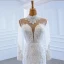 Luxe Blanche Transparentes La Mariée Robe De Mariée 2020 Trompette / Sirène Col Haut Manches Longues Appliques En Dentelle Fait main Perlage Détachable Chapel Train Volants