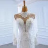 Luxury / Gorgeous White See-through Bridal Wedding Dresses 2020 Trumpet / Mermaid High Neck Long Sleeve Appliques Lace Handmade  Beading Detachable Chapel Train Ruffle