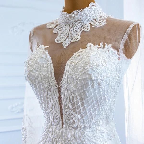 Luxe Blanche Transparentes La Mariée Robe De Mariée 2020 Trompette / Sirène Col Haut Manches Longues Appliques En Dentelle Fait main Perlage Détachable Chapel Train Volants
