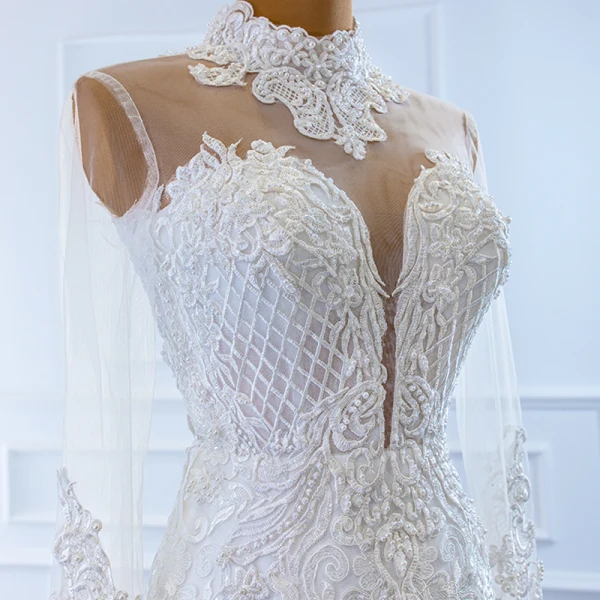 Luxe Blanche Transparentes La Mariée Robe De Mariée 2020 Trompette / Sirène Col Haut Manches Longues Appliques En Dentelle Fait main Perlage Détachable Chapel Train Volants