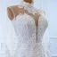 Luxe Blanche Transparentes La Mariée Robe De Mariée 2020 Trompette / Sirène Col Haut Manches Longues Appliques En Dentelle Fait main Perlage Détachable Chapel Train Volants