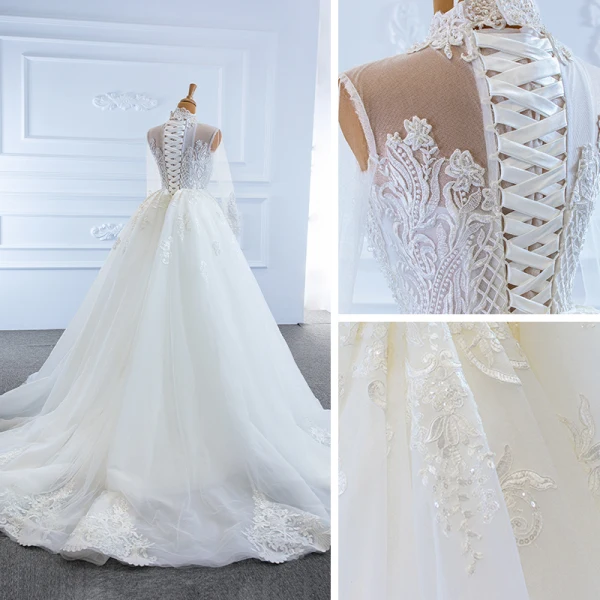 Luxe Blanche Transparentes La Mariée Robe De Mariée 2020 Trompette / Sirène Col Haut Manches Longues Appliques En Dentelle Fait main Perlage Détachable Chapel Train Volants