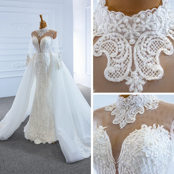 Luxe Blanche Transparentes La Mariée Robe De Mariée 2020 Trompette / Sirène Col Haut Manches Longues Appliques En Dentelle Fait main Perlage Détachable Chapel Train Volants