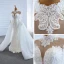 Luxe Blanche Transparentes La Mariée Robe De Mariée 2020 Trompette / Sirène Col Haut Manches Longues Appliques En Dentelle Fait main Perlage Détachable Chapel Train Volants