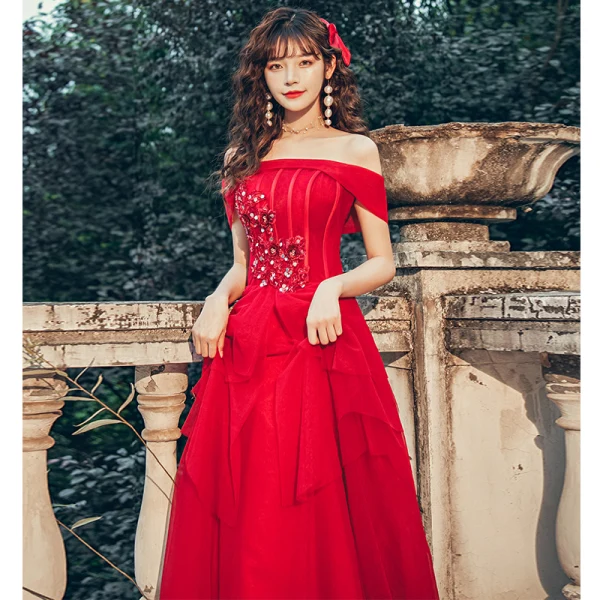 Chic / Beautiful Red Prom Dresses 2020 A-Line / Princess Off-The-Shoulder Short Sleeve Appliques Lace Floor-Length / Long Ruffle Backless Formal Dresses