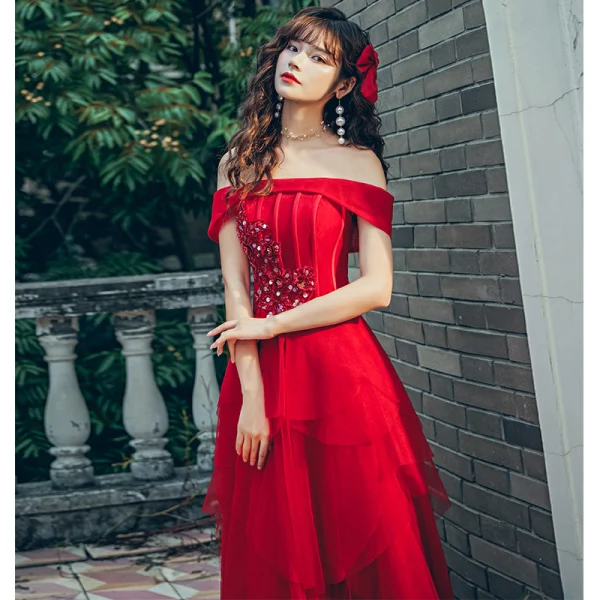Chic / Beautiful Red Prom Dresses 2020 A-Line / Princess Off-The-Shoulder Short Sleeve Appliques Lace Floor-Length / Long Ruffle Backless Formal Dresses