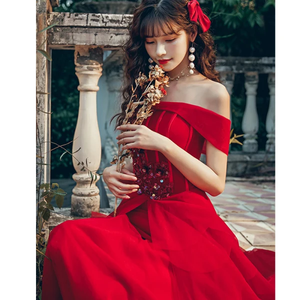 Chic / Beautiful Red Prom Dresses 2020 A-Line / Princess Off-The-Shoulder Short Sleeve Appliques Lace Floor-Length / Long Ruffle Backless Formal Dresses