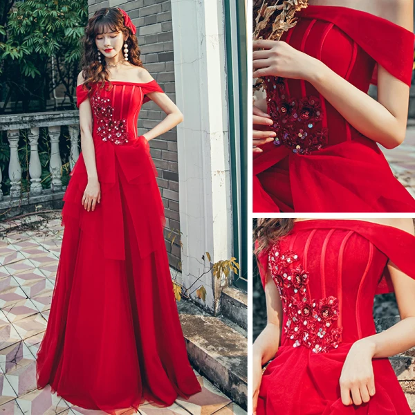 Chic / Beautiful Red Prom Dresses 2020 A-Line / Princess Off-The-Shoulder Short Sleeve Appliques Lace Floor-Length / Long Ruffle Backless Formal Dresses