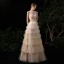 Meilleur Champagne Robe De Soirée 2020 Princesse Bretelles Spaghetti Sans Manches Paillettes Perlage Longue Volants en Cascade Dos Nu Robe De Ceremonie