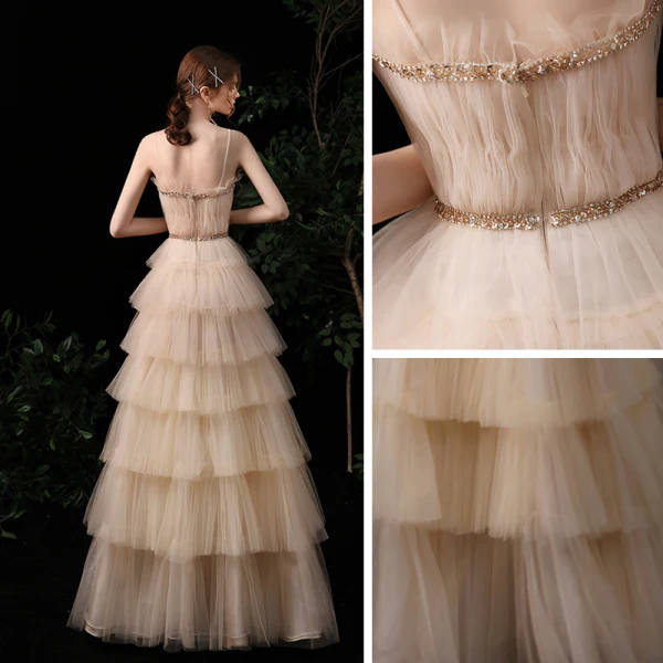 Meilleur Champagne Robe De Soirée 2020 Princesse Bretelles Spaghetti Sans Manches Paillettes Perlage Longue Volants en Cascade Dos Nu Robe De Ceremonie