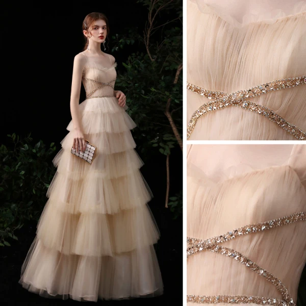 Meilleur Champagne Robe De Soirée 2020 Princesse Bretelles Spaghetti Sans Manches Paillettes Perlage Longue Volants en Cascade Dos Nu Robe De Ceremonie
