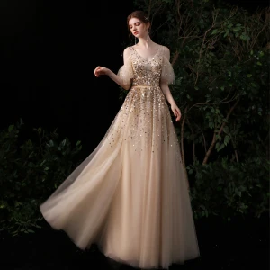 High End Gold Evening Dresses 2020 A Line Princess V Neck Short Sleeve Sequins Beading Floor Length Long Ruffle Backless Formal Dresses