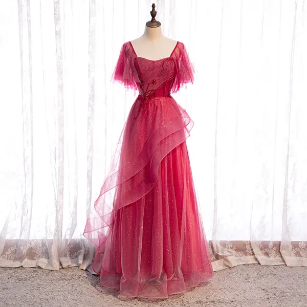 Elegant Red Prom Dresses 2020 A-Line / Princess Square Neckline Short Sleeve Beading Glitter Tulle Floor-Length / Long Ruffle Backless Formal Dresses