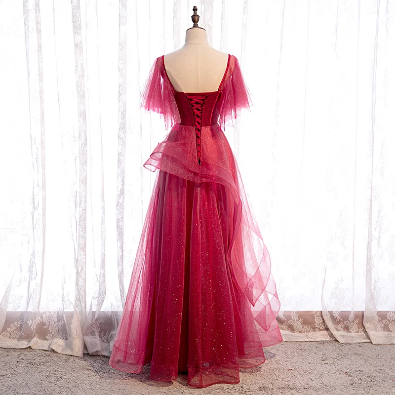 Elegant Red Prom Dresses 2020 A-Line Princess Square Neckline Short Sleeve Beading Tulle