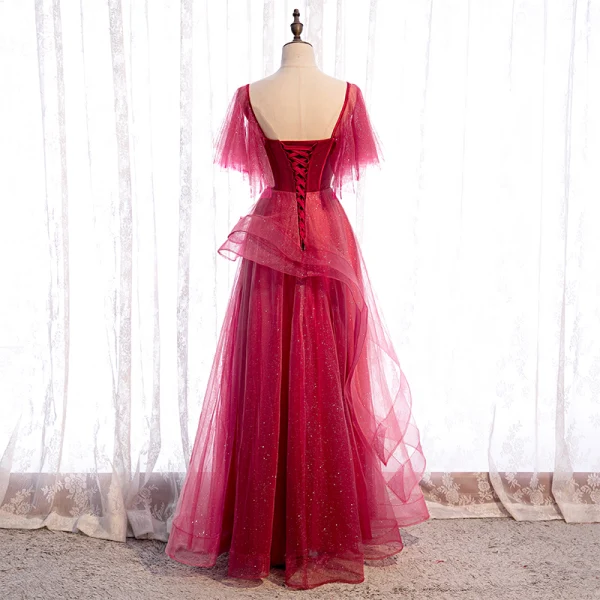 Elegant Red Prom Dresses 2020 A-Line / Princess Square Neckline Short Sleeve Beading Glitter Tulle Floor-Length / Long Ruffle Backless Formal Dresses
