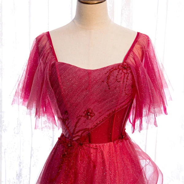 Elegant Red Prom Dresses 2020 A-Line / Princess Square Neckline Short Sleeve Beading Glitter Tulle Floor-Length / Long Ruffle Backless Formal Dresses