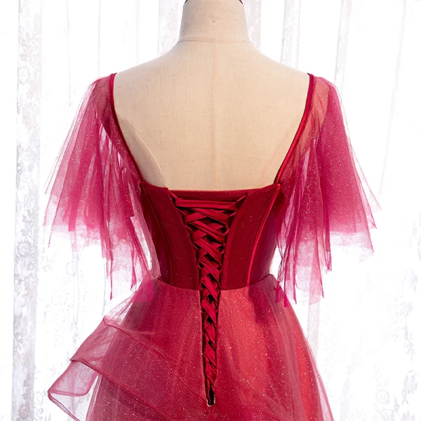 Elegant Red Prom Dresses 2020 A-Line / Princess Square Neckline Short Sleeve Beading Glitter Tulle Floor-Length / Long Ruffle Backless Formal Dresses
