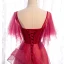 Elegant Red Prom Dresses 2020 A-Line / Princess Square Neckline Short Sleeve Beading Glitter Tulle Floor-Length / Long Ruffle Backless Formal Dresses
