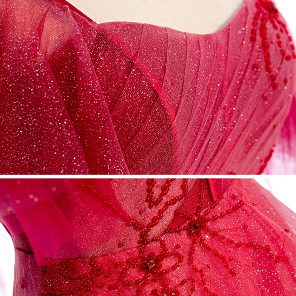 Elegant Red Prom Dresses 2020 A-Line / Princess Square Neckline Short Sleeve Beading Glitter Tulle Floor-Length / Long Ruffle Backless Formal Dresses