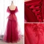 Elegant Red Prom Dresses 2020 A-Line / Princess Square Neckline Short Sleeve Beading Glitter Tulle Floor-Length / Long Ruffle Backless Formal Dresses