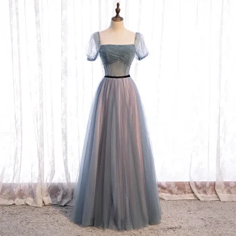 Style Victorien Bleu Marine Dansant Robe De Bal 2020 Princesse Encolure Carrée Gonflée Manches Courtes Paillettes Perlage Longue Volants Dos Nu Robe De Ceremonie