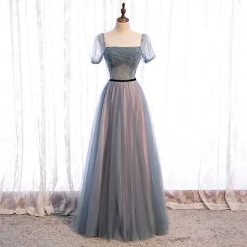 Victorian Style Navy Blue Dancing Prom Dresses 2020 A Line Princess Square Neckline Puffy Short Sleeve Sequins Beading Floor Length Long Ruffle Backless Formal Dresses