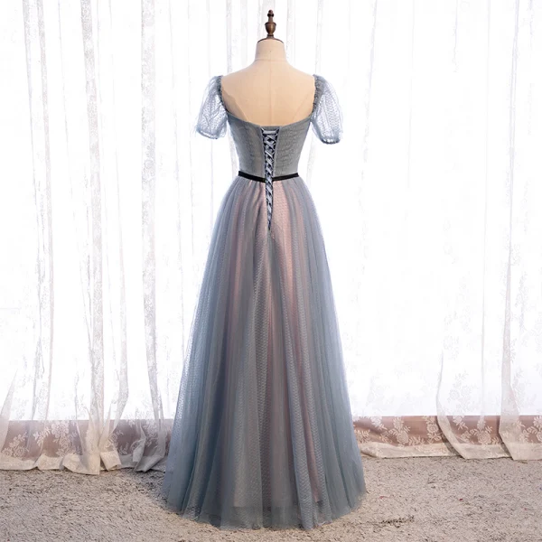 Victorian Style Navy Blue Dancing Prom Dresses 2020 A-Line / Princess Square Neckline Puffy Short Sleeve Sequins Beading Floor-Length / Long Ruffle Backless Formal Dresses