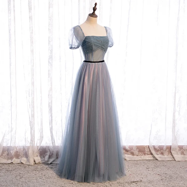 Victorian Style Navy Blue Dancing Prom Dresses 2020 A-Line / Princess Square Neckline Puffy Short Sleeve Sequins Beading Floor-Length / Long Ruffle Backless Formal Dresses