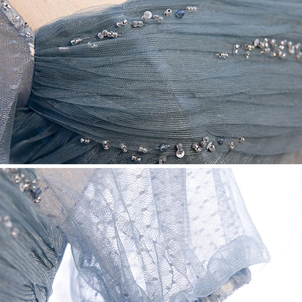 Victorian Style Navy Blue Dancing Prom Dresses 2020 A-Line / Princess Square Neckline Puffy Short Sleeve Sequins Beading Floor-Length / Long Ruffle Backless Formal Dresses