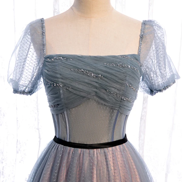 Victorian Style Navy Blue Dancing Prom Dresses 2020 A-Line / Princess Square Neckline Puffy Short Sleeve Sequins Beading Floor-Length / Long Ruffle Backless Formal Dresses