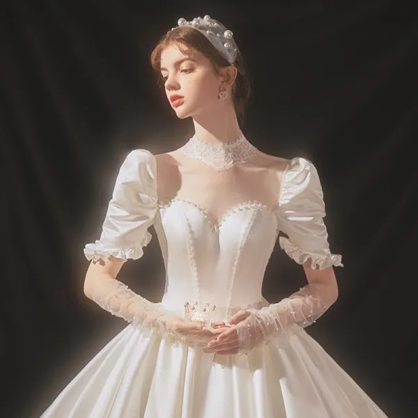 Luxury / Gorgeous Ivory Satin Bridal Wedding Dresses 2020 Ball Gown See-through High Neck Puffy Short Sleeve Backless Appliques Lace Beading Cathedral Train Ruffle