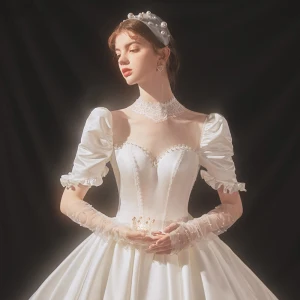 Magnífico Marfil Satén Boda Vestidos De Novia 2020 Ball Gown Transparentes Cuello Alto Hinchado Manga Corta Sin Espalda Apliques Con Encaje Rebordear Cathedral Train Ruffle