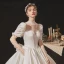Luxe Ivoire Satin La Mariée Robe De Mariée 2020 Robe Boule Transparentes Col Haut Gonflée Manches Courtes Dos Nu Appliques En Dentelle Perlage Cathedral Train Volants