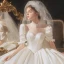 Luxe Ivoire Satin La Mariée Robe De Mariée 2020 Robe Boule Transparentes Col Haut Gonflée Manches Courtes Dos Nu Appliques En Dentelle Perlage Cathedral Train Volants