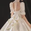 Luxe Ivoire Satin La Mariée Robe De Mariée 2020 Robe Boule Transparentes Col Haut Gonflée Manches Courtes Dos Nu Appliques En Dentelle Perlage Cathedral Train Volants