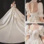 Luxe Ivoire Satin La Mariée Robe De Mariée 2020 Robe Boule Transparentes Col Haut Gonflée Manches Courtes Dos Nu Appliques En Dentelle Perlage Cathedral Train Volants