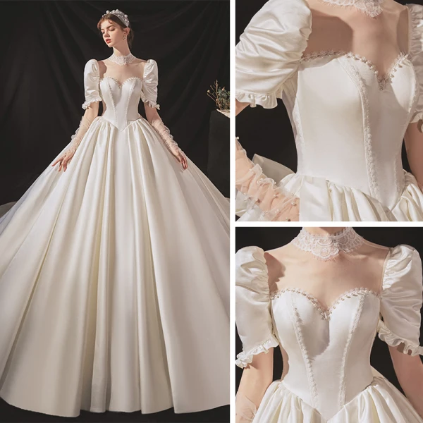 Luxe Ivoire Satin La Mariée Robe De Mariée 2020 Robe Boule Transparentes Col Haut Gonflée Manches Courtes Dos Nu Appliques En Dentelle Perlage Cathedral Train Volants