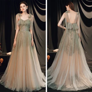 Chic Beautiful Sage Green Prom Dresses 2020 A Line Princess Shoulders Sleeveless Beading Glitter Tulle Sweep Train Ruffle Backless Formal Dresses
