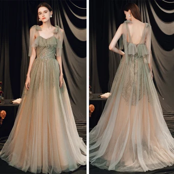 Chic Belle Vert Cendré Robe De Bal 2020 Princesse Épaules Sans Manches Perlage Glitter Tulle Train De Balayage Volants Dos Nu Robe De Ceremonie