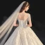 Élégant Champagne La Mariée Robe De Mariée 2020 Robe Boule Transparentes Encolure Dégagée Manches Courtes Dos Nu Paillettes Perlage Glitter Tulle Cathedral Train Volants