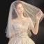 Élégant Champagne La Mariée Robe De Mariée 2020 Robe Boule Transparentes Encolure Dégagée Manches Courtes Dos Nu Paillettes Perlage Glitter Tulle Cathedral Train Volants