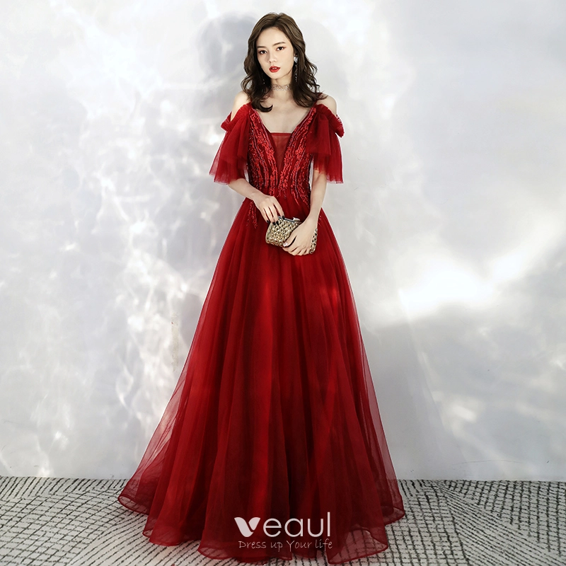 Spaghetti V-neck Lace Prom Dresses, 2020 Newest Appliques Prom Dresses Long