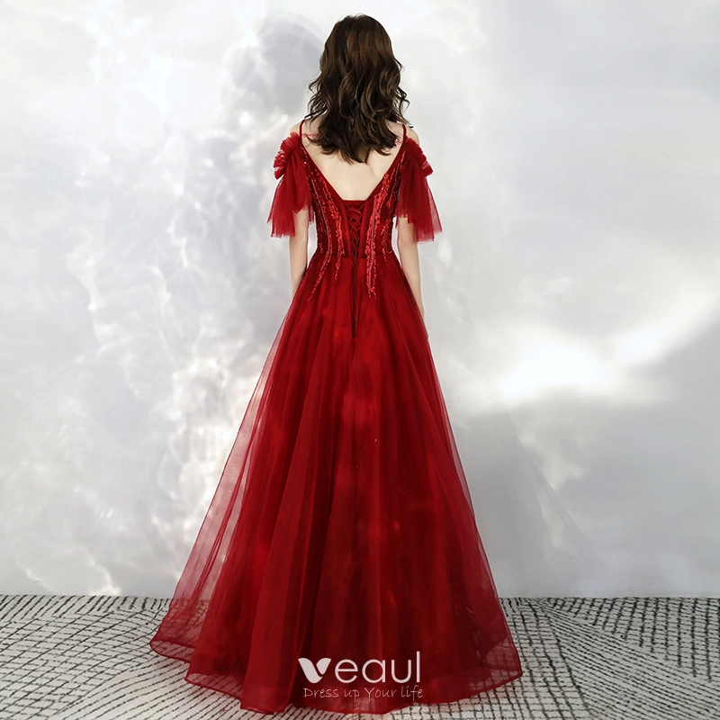 Spaghetti V-neck Lace Prom Dresses, 2020 Newest Appliques Prom Dresses Long
